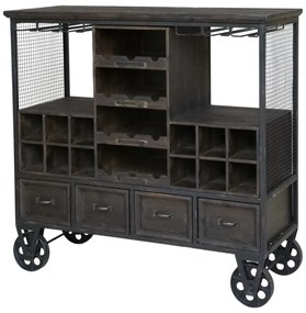 Consola tip bar, maro, din lemn masiv si metal, aspect industrial