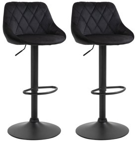 HOMCOM Set de 2 tabureți de bar cu spătar, aspect catifelat, cadru din oțel, scaune de bucătărie reglabile înălțime cu suport pentru picioare, rotative, taburet de bar, negru | Aosom Romania