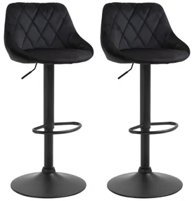 HOMCOM Set de 2 tabureți de bar cu spătar, aspect catifelat, cadru din oțel, scaune de bucătărie reglabile înălțime cu suport pentru picioare, rotative, taburet de bar, negru | Aosom Romania