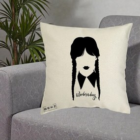Perna Personalizata Wednesday Addams Silueta Alb-Negru, 40x40 cm, Ecru, Husa Detasabila, Perna Inclusa, BEKZ®
