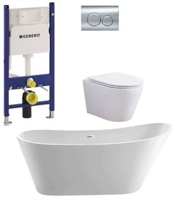 Set cada freestanding ovala, vas wc rimless cu capac soft close, rezervor incastrat si clapeta crom lucios