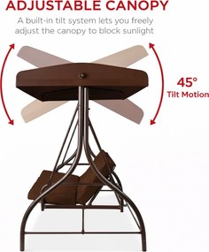 Leagan de grădină, șezlong tip pat, 3 locuri, copertina reglabila, cadru otel, 194x120x173 cm, Maro