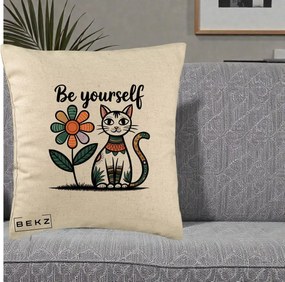 Perna Personalizata Be Yourself Pisica Folk, 40x40 cm, Bej, Husa Detasabila, Perna Inclusa, BEKZ®