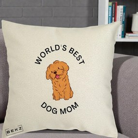 Cadou pentru Iubitorii de Caini - Perna Personalizata World's Best Dog Mom, 40x40 cm, Ecru, Husa Detasabila, Perna Inclusa, BEKZ®