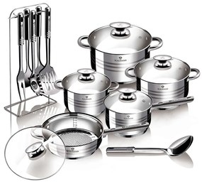 Set oale si tigaie inox cu capace din sticla termorezistente, ustensile inox, (17 piese) Blaumann BL 3133