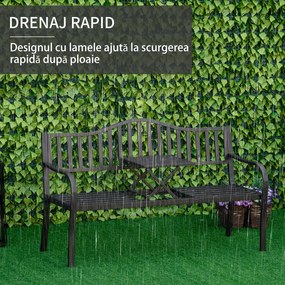 Bancă de Grădină Outsunny din Metal cu Măsuță Centrală Retractabilă, Bancă Loveseat pentru Terasă cu Șezut și Spătar cu Șipci, pentru 2–3 Persoane, Neagră | Aosom Romania