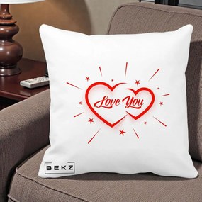 Cadou Romantic - Perna Personalizata Love You Doua Inimi, 40x40 cm, Alba Mata, Husa Detasabila, Perna Inclusa, BEKZ®