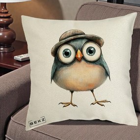 Perna Decorativa Pui cu Palarie Rotunda, 40x40 cm, Ecru, Husa Detasabila, Perna Inclusa, BEKZ®
