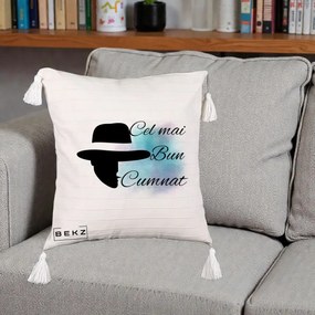 Cadou pentru Cumnat - Perna Personalizata Cel mai Bun Cumnat cu Silueta Palarie si Pete Teal-Roz, 40x40 cm, Bej cu Franjuri, Husa Detasabila, Perna Inclusa, BEKZ®