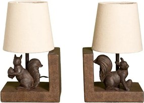 Set 2 lămpi de masă din bumbac bej, cu structură din rășină maro în formă de veveriță, finisaj patinat, 28×31×13 cm, „Squirrel"