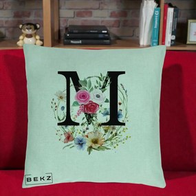 Cadou Personalizat - Perna Personalizata Monogram Litera M cu Flori Acuarela, 40x40 cm, Verde Menta, Husa Detasabila, Perna Inclusa, BEKZ®
