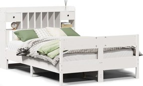 vidaXL Pat cu bibliotecă fără saltea, alb, 140x190 cm, lemn masiv pin
