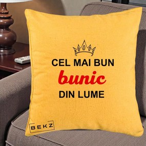 Cadou pentru Bunic - Perna Personalizata Cel Mai Bun Bunic Din Lume Coroana Rosu, 40x40 cm, Galben, Husa Detasabila, Perna Inclusa, BEKZ®