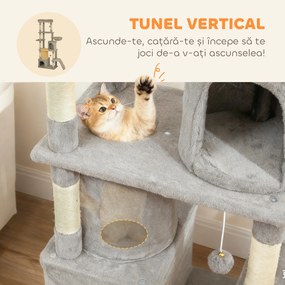 Pawhut Ansamblu de joacă pentru Pisici de 170 cm cu 7 Stâlpi Zgâriători, 2 Căsuțe, Hamac, Gri Deschis | Aosom Romania