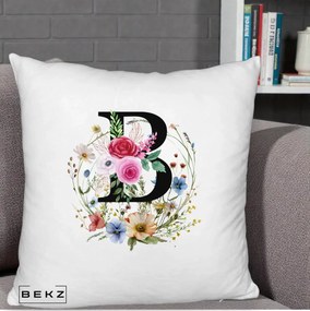 Cadou Personalizat - Perna Personalizata Monogram Litera B cu Flori Acuarela, 40x40 cm, Alb Pufos, Husa Detasabila, Perna Inclusa, BEKZ®