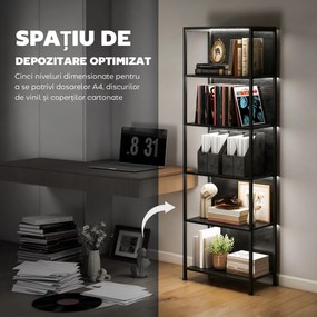 HOMCOM Bibliotecă cu 5 Rafturi, Verticală cu Iluminare LED în 7 Culori, Economisire Spațiu pentru Living, Dormitor și Birou, 60x30x179 cm, Negru | Aosom Romania