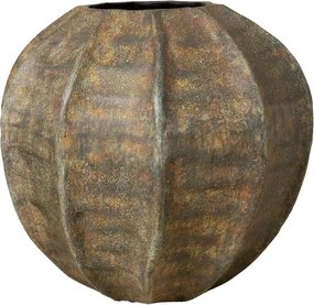 Vază din aluminiu cu nervuri verticale, maro-verde, formă rotundă, finisaj patinat, 22×24 cm, „Hull"