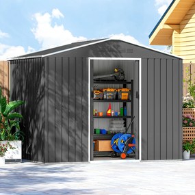 Outsunny Căsuță de Grădină 3.6m² din Oțel Zincat cu Grile de Ventilație, Căsuță de Grădină cu Uși Glisante Duble Blocabile, Acoperiș Înclinat, Căsuță pentru Unelte cu Mănuși, Gri Închis | Aosom Romania
