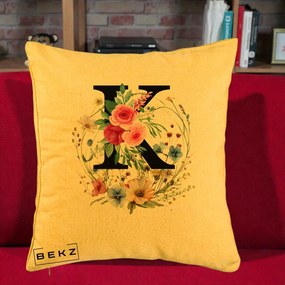 Cadou Personalizat - Perna Personalizata Monogram Litera K cu Flori Acuarela, 40x40 cm, Galben, Husa Detasabila, Perna Inclusa, BEKZ®