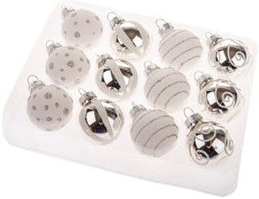 Set de ornamente din sticlă Glimmer Collection,argintiu și alb, 12 bucăți, diametru 3 cm