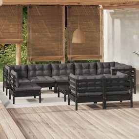 3096536 vidaXL Set mobilier de grădină cu perne 10 piese negru lemn masiv pin