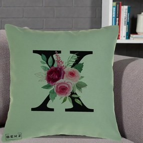 Cadou Personalizat - Perna Personalizata Monograma Florala Litera X cu Buchet, 40x40 cm, Verde, Husa Detasabila, Perna Inclusa, BEKZ®
