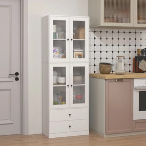 HOMCOM Vitrină Înaltă de Bucătărie 170 cm, 4 Uși din Sticlă, 2 Sertare, Polițe Reglabile, pentru Dining și Living, Alb | Aosom Romania