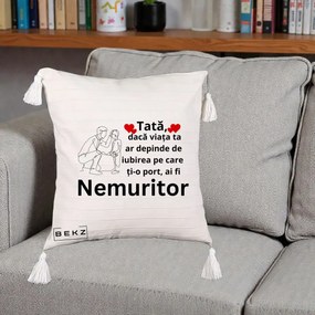 Cadou pentru Tata - Perna Personalizata Tata Nemuritor Baietel, 40x40 cm, Bej cu Franjuri, Husa Detasabila, Perna Inclusa, BEKZ®