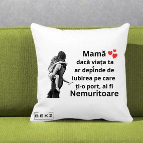 Cadou pentru Mama - Perna Personalizata Mama Nemuritoare Gravura Vintage, 40x40 cm, Alba Mata, Husa Detasabila, Perna Inclusa, BEKZ®