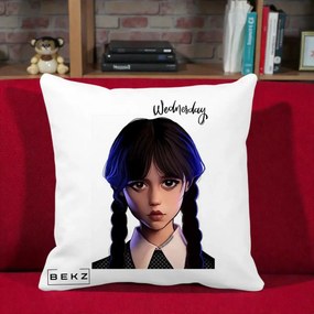 Perna Personalizata Wednesday Addams Portret Realist, 40x40 cm, Alba Mata, Husa Detasabila, Perna Inclusa, BEKZ®