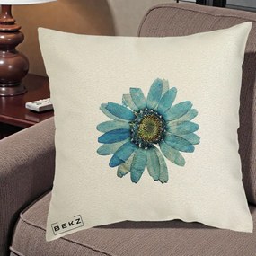 Perna Decorativa Floare Margareta Albastra Acuarela, 40x40 cm, Ecru, Husa Detasabila, Perna Inclusa, BEKZ®