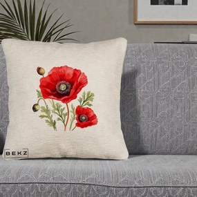 Perna Decorativa Maci Rosii Acuarela, 40x40 cm, Bej Canapea, Husa Detasabila, Perna Inclusa, BEKZ®