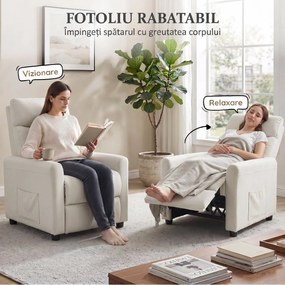 HOMCOM Fotoliu Reclinabil 135° max în Material cu Efect de In, Spumă, Oțel și Lemn, 73x86x100 cm, Crem | Aosom Romania