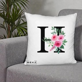 Cadou Personalizat - Perna Personalizata Monograma Florala Litera H cu Trandafiri Roz, 40x40 cm, Alb Pufos, Husa Detasabila, Perna Inclusa, BEKZ®