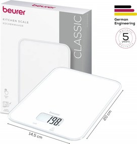 Cântar de bucătărie Beurer KS 19 Pure White, până la 5 kg, funcție TARE, comandă tactilă, ecran LCD, sticlă, ultra-subțire, roșu