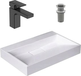 Pachet lavoar pe blat Rea Goya alb 60 cm, baterie lavoar Hansgrohe Vernis Shape negru si ventil lavoar Click-Clack crom