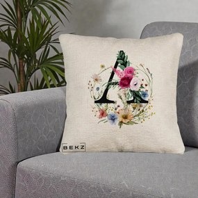 Cadou Personalizat - Perna Personalizata Monogram Litera A cu Flori Acuarela, 40x40 cm, Bej Canapea, Husa Detasabila, Perna Inclusa, BEKZ®
