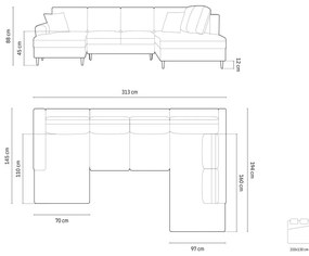 Colțar roșu extensibil, cu spațiu de depozitare cu tapițerie din catifea (cu colț pe partea dreaptă-în formă de "U") Kyoto – Cosmopolitan Design