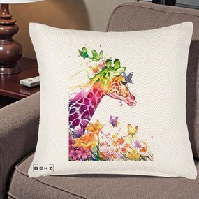 Perna Decorativa Girafa Curcubeu Acuarela, 40x40 cm, Crem Reliefat, Husa Detasabila, Perna Inclusa, BEKZ®