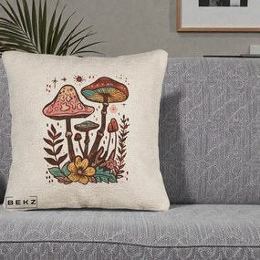 Perna Decorativa Ciuperci Boho Multicolore, 40x40 cm, Bej Canapea, Husa Detasabila, Perna Inclusa, BEKZ®