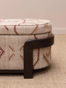 Banchetă tip cufăr din kilim de lână natur și bordo și lemn de acacia maro închis, cu spațiu de depozitare, finisaj mat, 47,5 x 132 cm, „Sienna”