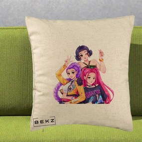 Perna Personalizata K-pop HUNTRX Trio Animat Fete Foto, 40x40 cm, Bej, Husa Detasabila, Perna Inclusa, BEKZ®