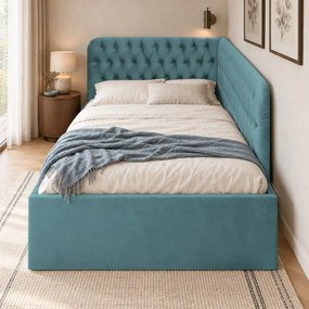 Pat tapițat pentru copii din catifea Elyra 120×200 cm, verde marin, colț dreapta, cu ladă de depozitare