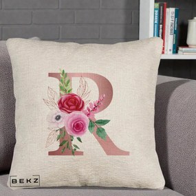 Cadou Personalizat - Perna Personalizata Monograma Rose Gold Litera R, 40x40 cm, Bej Canapea, Husa Detasabila, Perna Inclusa, BEKZ®