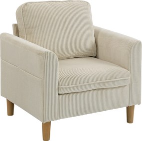HOMCOM Fotoliu de living din catifea côtelată, fotoliu 1 loc tapițat cu șezut lat și pernă cu arcuri, 83x74x87cm, bej | Aosom Romania