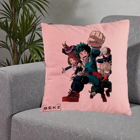 Perna Personalizata My Hero Academia Izuku Deku si Echipa, 40x40 cm, Roz, Husa Detasabila, Perna Inclusa, BEKZ®