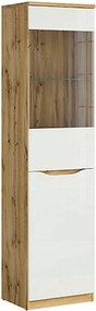 Dulap cu vitrina NUIS, alb lucios/stejar, PAL, 50x40x198 cm