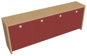 Dulap mic Verno 248 x 46 x 90 cm, uși de sticlă, stejar deschis / roșu