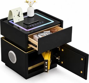 LUNÉA — Noptieră inteligentă cu seif integrat, încărcare wireless, Bluetooth Stereo, iluminare RGB, USB + Type-C și senzor de mișcare, Negru