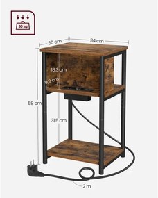 Măsuță laterală ROD cu prize integrate și porturi USB, maro/negru